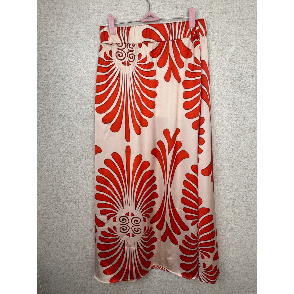 Spoon Jeans Red Cream Y2K Satin Maxi Skirt Front Slit Art Nouveau Print Size M